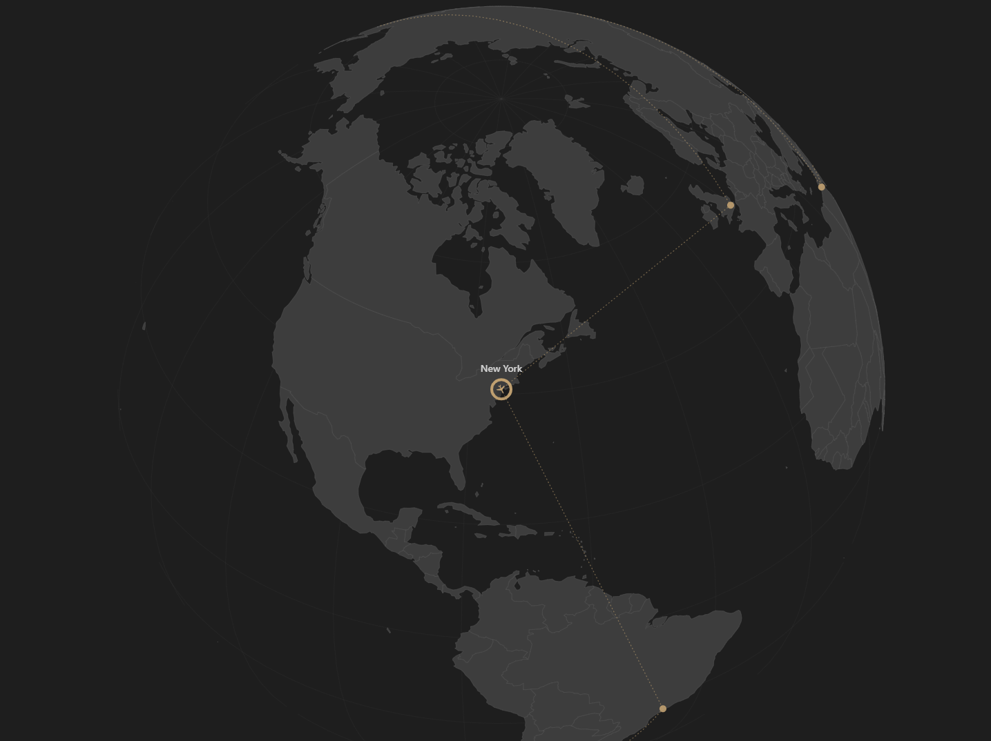 Animated globe showing a plane flying between cities with a live mileage counter