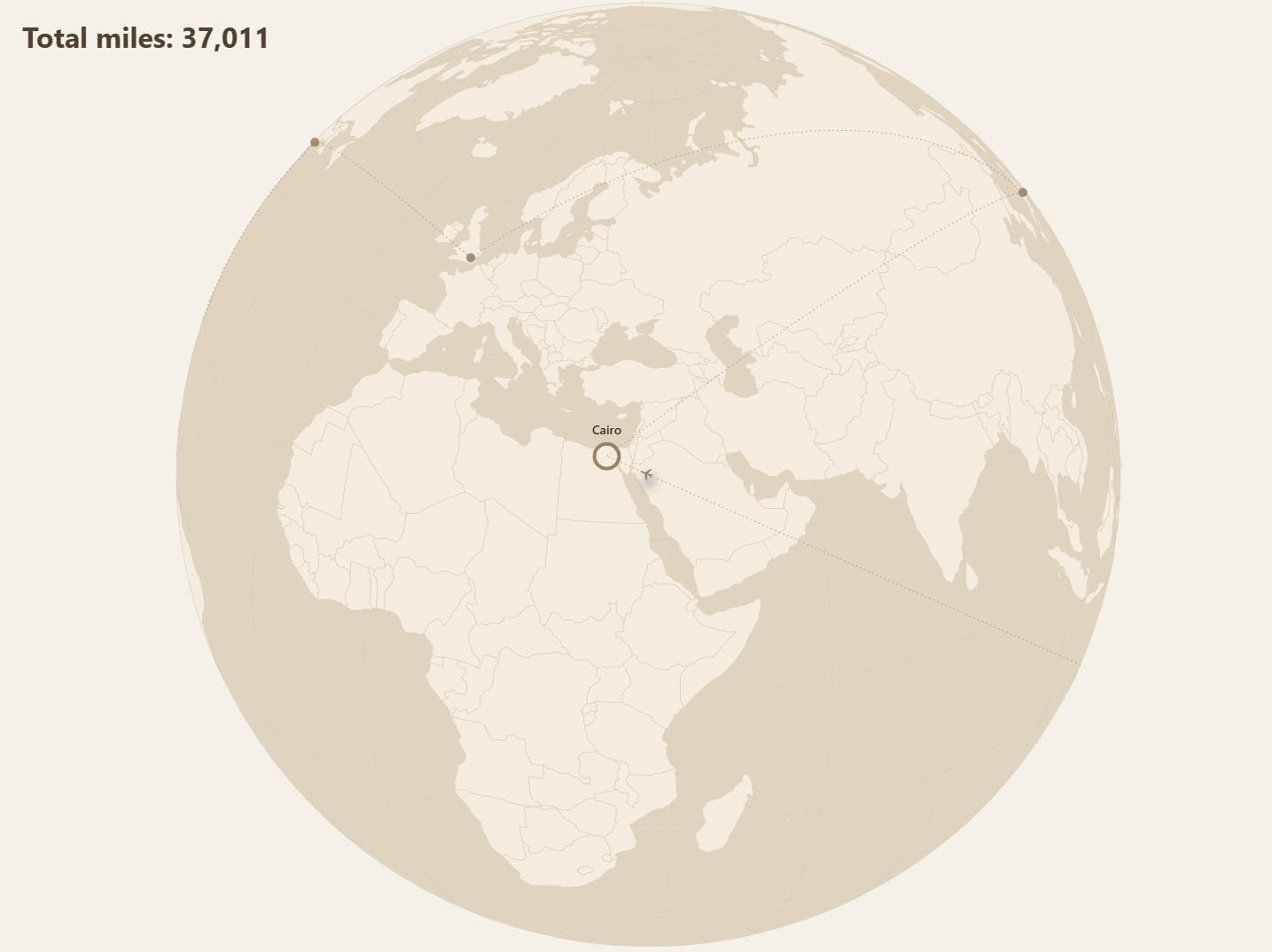 Animated globe showing a plane flying between cities with a live mileage counter