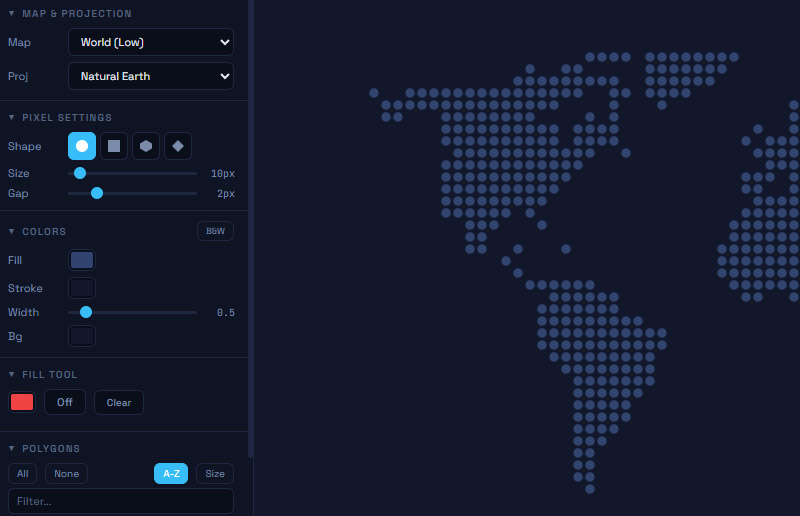 Pixel Map Generator showing a pixelated world map with colorful regions