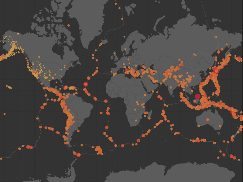 Earthquake Map showing recent seismic activity on a world map