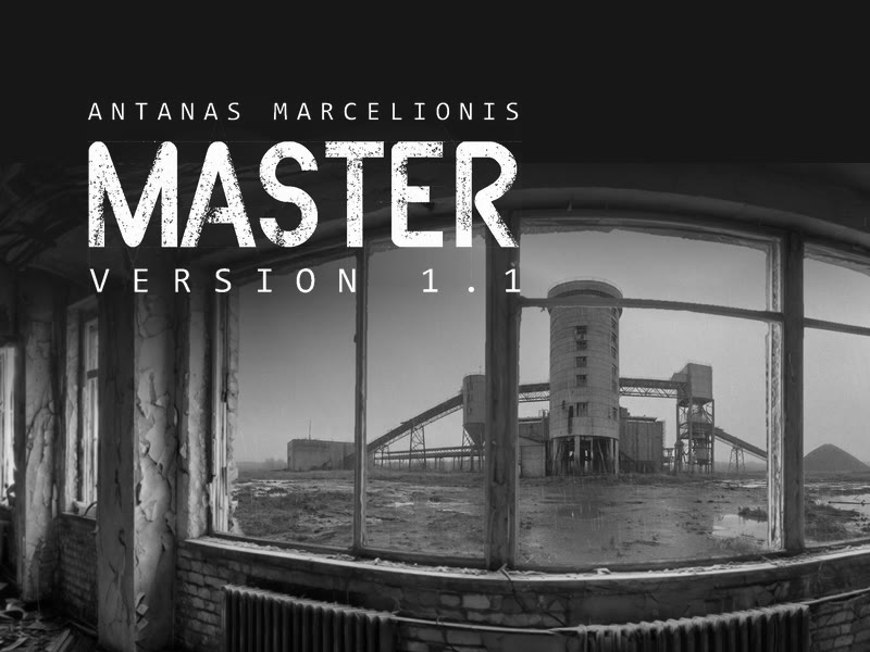 Master Version 1.1 by Antanas Marcelionis: the title over a rainy coal plant seen through a broken window
