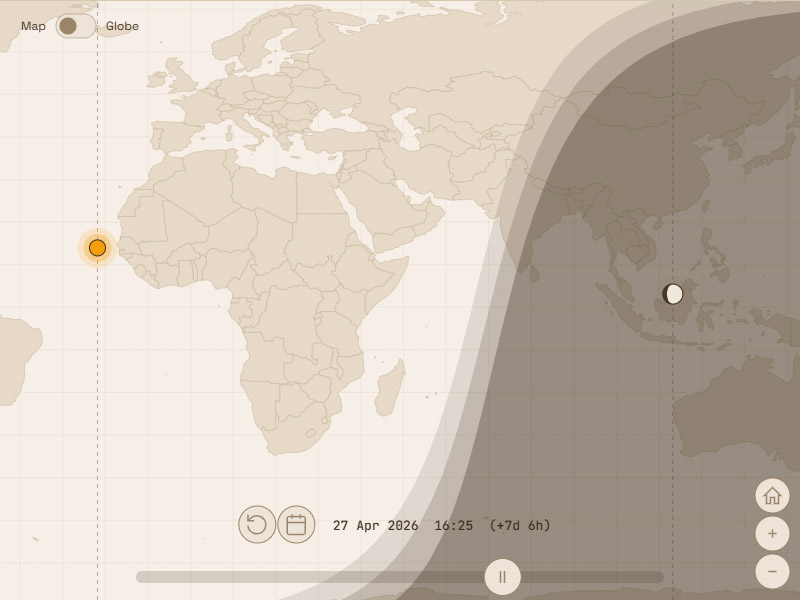 Day & Night World Map showing sun and moon positions over the Americas