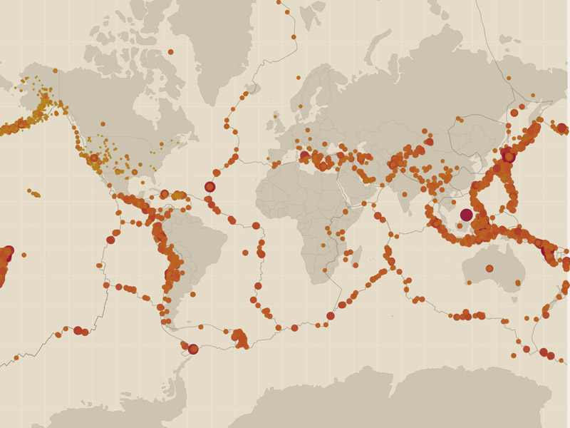 Earthquake Map showing recent seismic activity on a world map